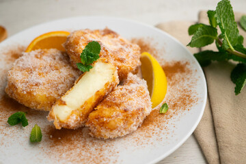 Delicious Spanish dessert LECHE FRITA traditional to prepare for the Easter holiday.