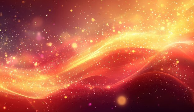 Abstract vibrant background with glowing particles and waves in red, orange, and golden hues creating a magical and transformative atmosphere