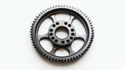 Fototapeta premium Close-up of a single, black metal gear with teeth and a central hub, isolated on a white background.