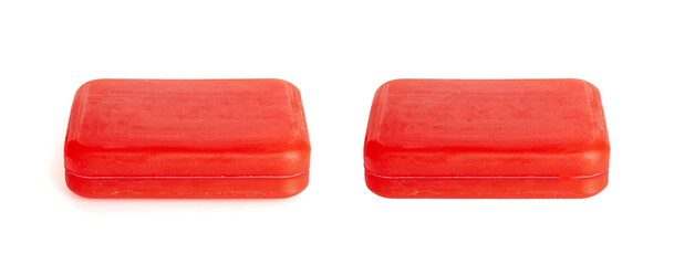 Red Soap Bar Isolated, Body Care Cosmetic, Fruit Soapy Detergent, Solid Shampoo, Glycerin Soap
