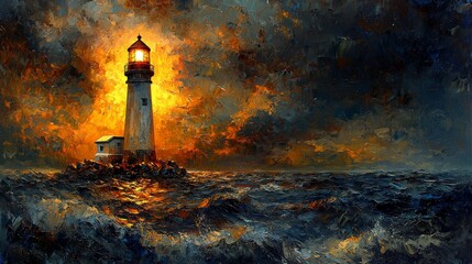 Dramatic lighthouse illumination coastal ocean landscape photography stormy night low angle nature's resilience