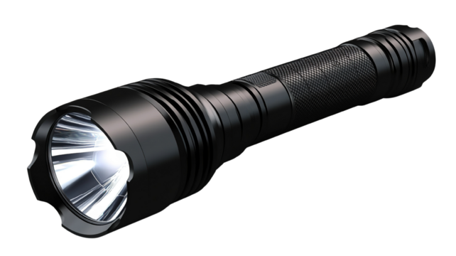 A rugged outdoor flashlight with a rubberized grip and water-resistant features, isolated on a transparent background. The flashlight is designed for heavy-duty use, with a powerful beam.