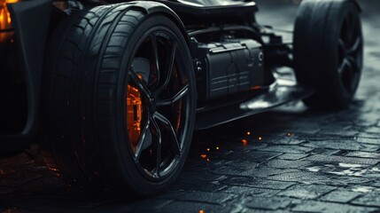 Close-up of a sleek, black sports car's tire and wheel, parked on a wet cobblestone street with glowing brake calipers.