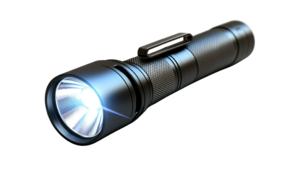 A pocket-sized flashlight with a clip for easy attachment to a bag or belt, isolated on a transparent background. The flashlight features a compact design with a high-efficiency LED light