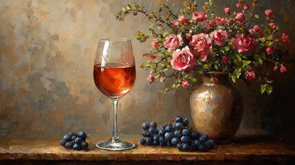 Wine glass with grapes and roses rustic table setting still life cozy atmosphere close-up elegant design