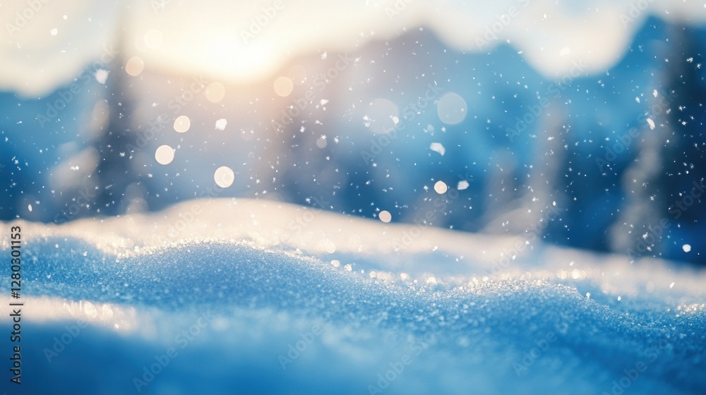 Poster close-up of a snowdrift with falling snowflakes, blurred mountain background and sunlit bokeh.