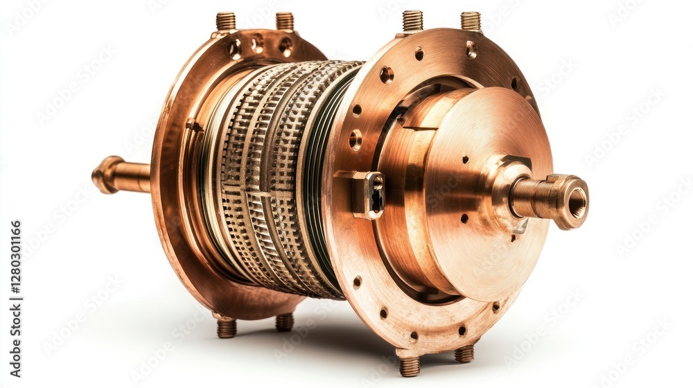 Aufkleber close-up of a sophisticated, copper-colored mechanical device with intricate internal components and
