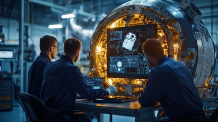 Engineers interact with advanced technology in a futuristic control room, focusing on a glowing interface and spacecraft design.