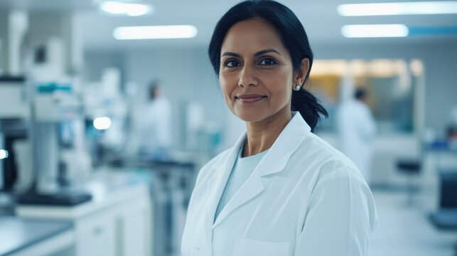 A South Asian woman in a lab coat stands confidently in a modern laboratory, embodying professionalism and expertise in a healthcare setting.