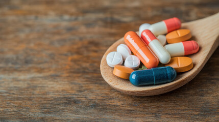 Natural Supplements with Essential Minerals for Health and Wellness, Various pills and capsules on wooden spoon