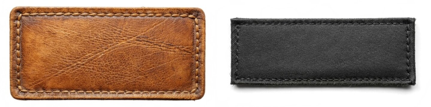 A tan leather patch with a black patch next to it. The tan patch has a brown color and the black patch has a dark color