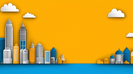 Paper Cut Cityscape with Skyscrapers and Clouds on Yellow Background