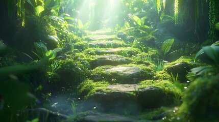 An ancient stone road covered in moss