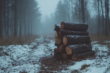 Stacked firewood, snowy forest path, foggy woodland