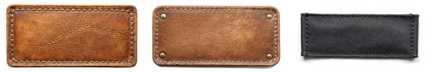 Three different patches of leather are shown, with one being brown and the other two being black. The brown patch is the largest, and the black patches are smaller