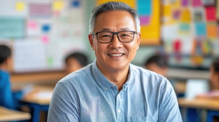 Fototapeta premium Portrait of a senior male teacher smiling in a classroom, showcasing a warm and inviting atmosphere that promotes learning and engagement among students.