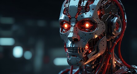 Fototapeta premium A humanoid robot displaying a damaged face, exposing glowing red circuits and a skeletal structure, highlighted by glowing red eyes. 