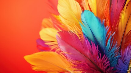 Colorful Feathers on a Red Background and Copy Space.