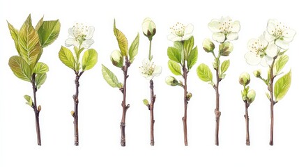 Fototapeta premium A botanical illustration of flowering branches and leaves in various stages of growth.