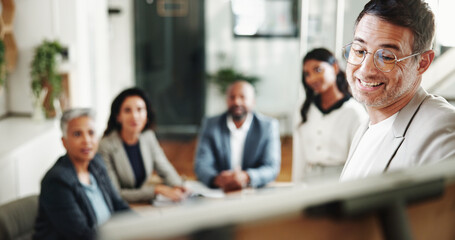 Businessman, financial review and presentation with whiteboard, budget and advisor for customer...