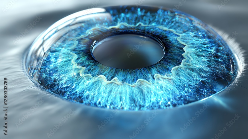 Poster close-up of a vibrant blue eye with intricate details, showcasing its captivating structure and text