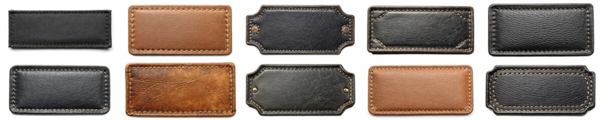 A row of leather patches with different colors and patterns. The patches are arranged in a grid, with some overlapping and others not. Scene is one of variety and diversity