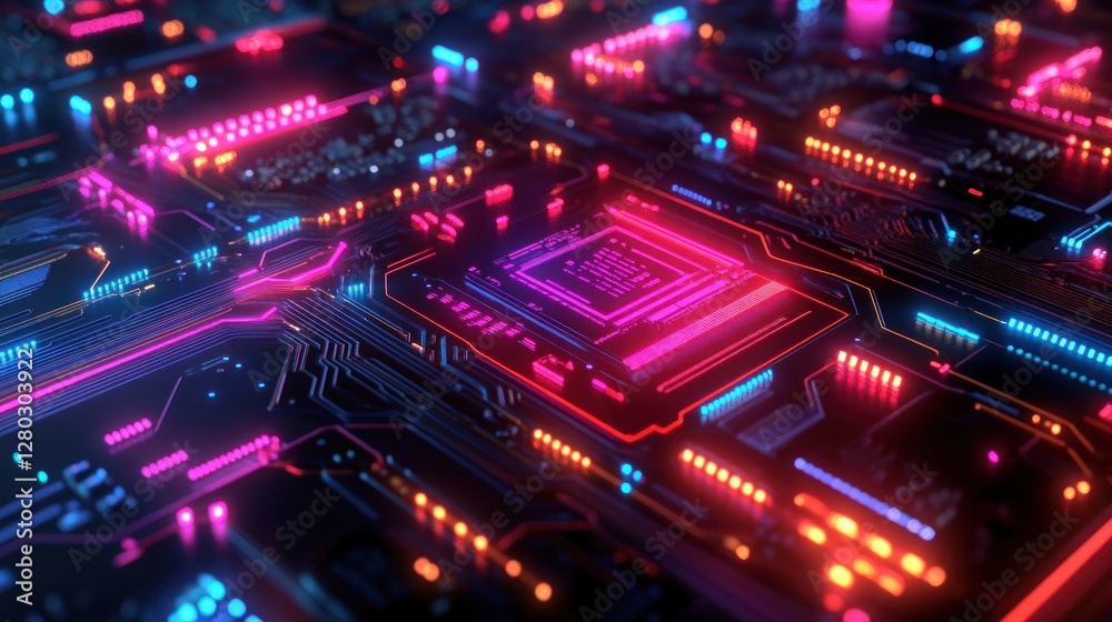 Aufkleber Close-up of a vibrant, glowing circuit board with a central processor, showcasing intricate technological details.