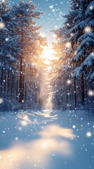 Breathtaking golden hour in snowy woods high resolution picture