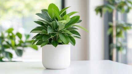 Fototapeta premium Home plant in white pot, modern interior, natural light, aesthetic, peaceful home decor