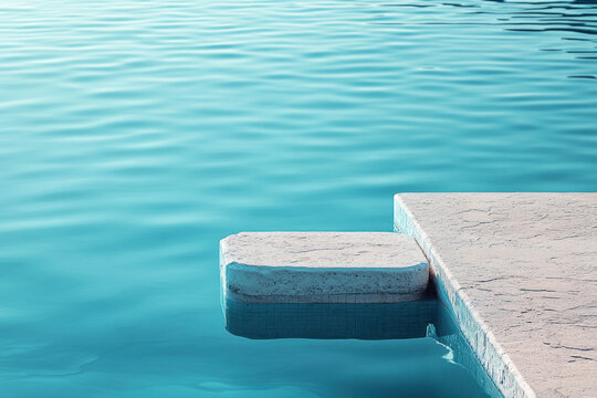 Concrete ledge borders a shimmering blue pool under clear skies, creating a serene oasis.