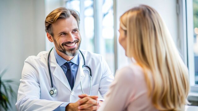 Conversation with doctor. Portrait of friendly male doctor happy listening to his female patient in medical office room