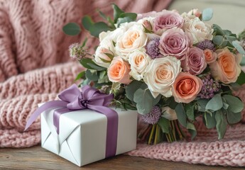Obraz premium Beautiful pastel bouquet of roses and greenery next to a wrapped gift on a cozy knitted blanket for special occasions and celebrations
