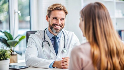 Fototapeta premium Conversation with doctor. Portrait of friendly male doctor happy listening to his female patient in medical office room