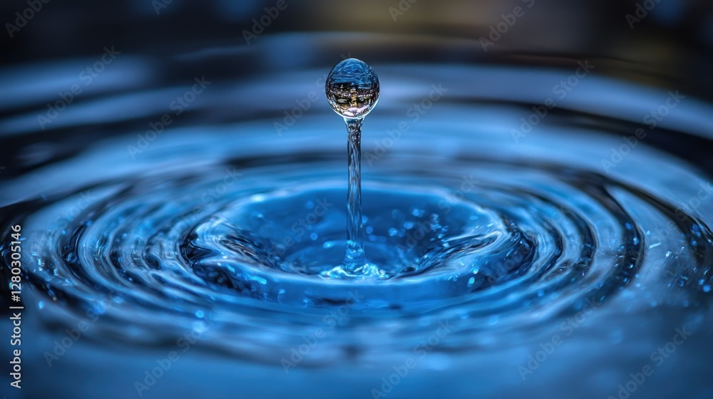 Poster Close-up of a water droplet falling and creating concentric ripples on a water surface.
