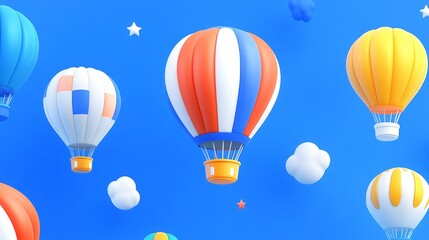 Fototapeta premium Whimsical hot air balloon journey against a vibrant blue sky dreamy cartoonish world evokes feelings of joy adventure and limitless possibilities