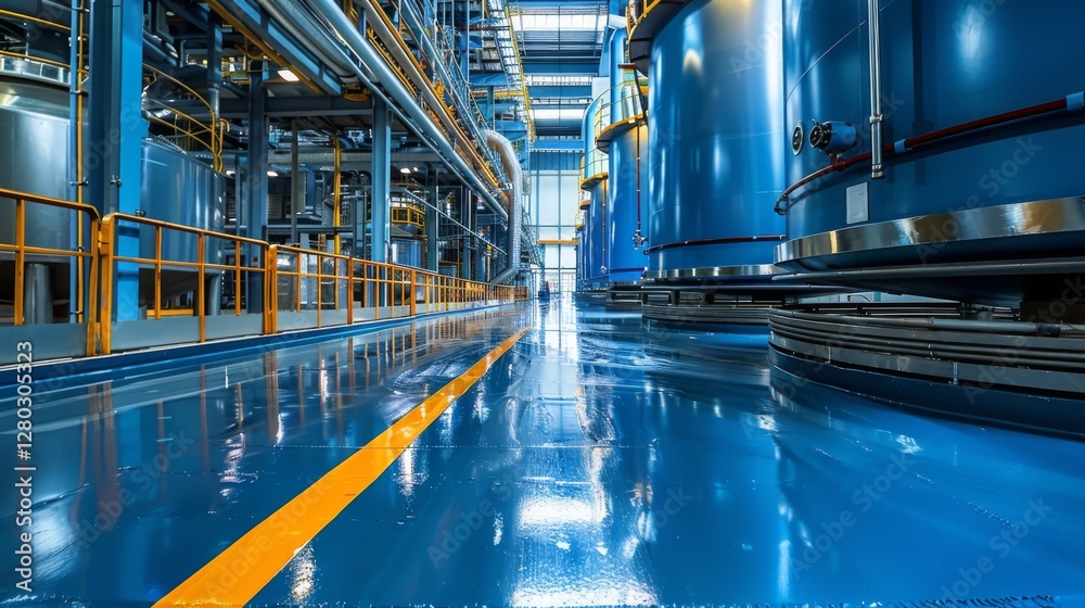 Poster brightly lit industrial space features large blue tanks arranged in rows alongside polished flooring
