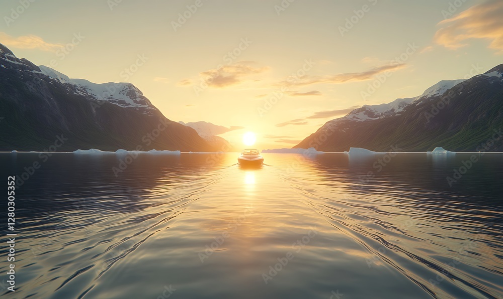 Poster A serene image of sailing through Arctic waters beneath an everlasting twilight sky.