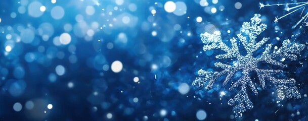 Beautiful shimmering snowflake against a dreamy blue background with bokeh lights and sparkling effects for winter and holiday-themed designs