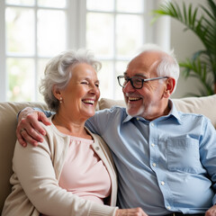 Happy Senior Couple Laughing Together at Home in a Cozy Living Room