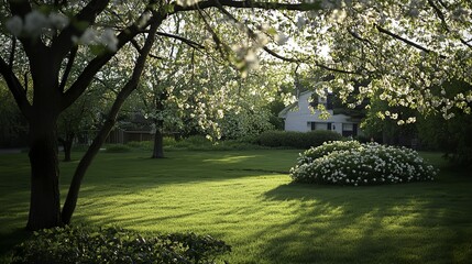 Naklejka premium Springtime view of a home exterior featuring lush green grass, blooming trees, and flowering bushes under natural ambient light with a clean and simple composition