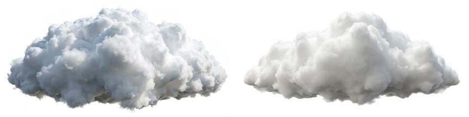Two clouds with white and gray colors. One cloud is bigger than the other. The clouds are fluffy and look like they are about to rain