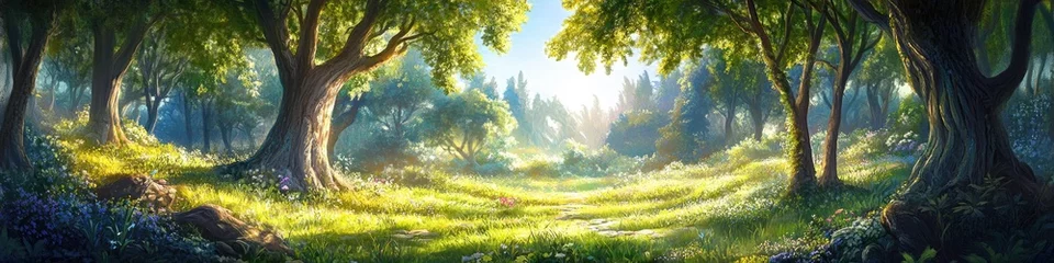 Gordijnen Sunny forest glade, tranquil scene (1) © afterfast
