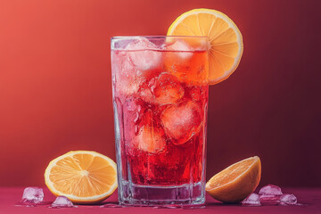 Glass of red drink with ice and lemons on a wooden table, with a blurred background of a cozy living room setting.