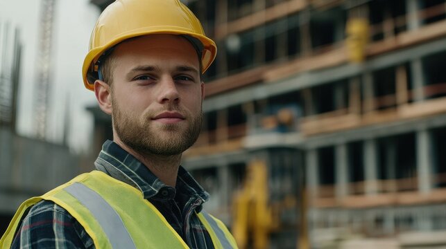 Portrait of a young European male construction worker at a building site. He wears a safety helmet and vest, showcasing confidence and professionalism.