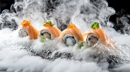 Fototapeta premium Exquisite sushi rolls topped with fresh salmon and caviar, surrounded by misty vapor effects