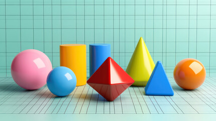 3D geometric shapes positioned on a grid, viewed from a perspective angle