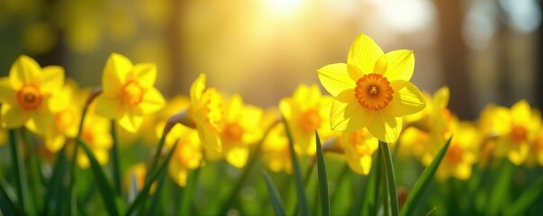 Fototapeta premium Clusters of daffodils in a vibrant spring garden Sunlight illuminates the cheerful blooms , background, garden, photography