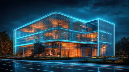 Obraz premium Night cityscape, modern glass building, illuminated, traffic, digital