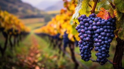 Fototapeta premium Lush vineyard with ripe grapes hanging from vines under a golden autumn sky. Background features rolling hills
