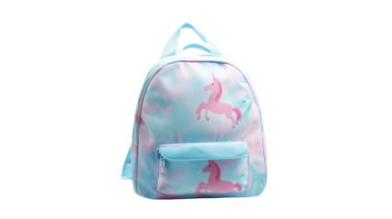 A lightweight pastel-colored school backpack for young children, decorated with a soft unicorn print and featuring a small front pouch, placed on a clean white background.